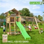 Legetårn komplet Jungle Gym Chalet inkl. Swing module x'tra, 120 kg sand og grøn rutschebane
