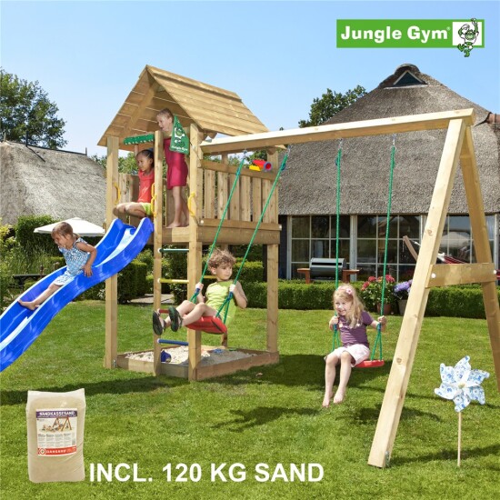 Legetårn komplet Jungle Gym Cabin inkl. Swing module x'tra, 120 kg sand og blå rutschebane