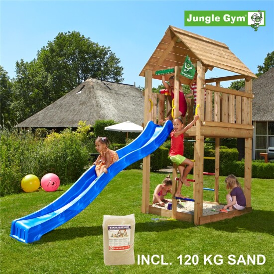 Legetårn komplet Jungle Gym Cabin inkl. 120 kg sand og blå rutschebane