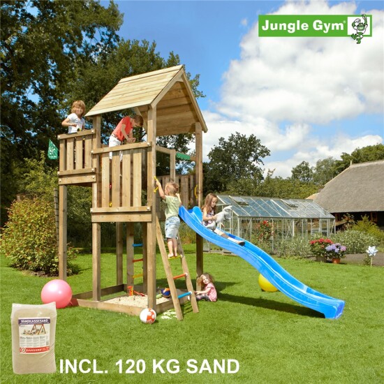 Legetårn komplet Jungle Gym Palace inkl. 120 kg sand og blå rutschebane