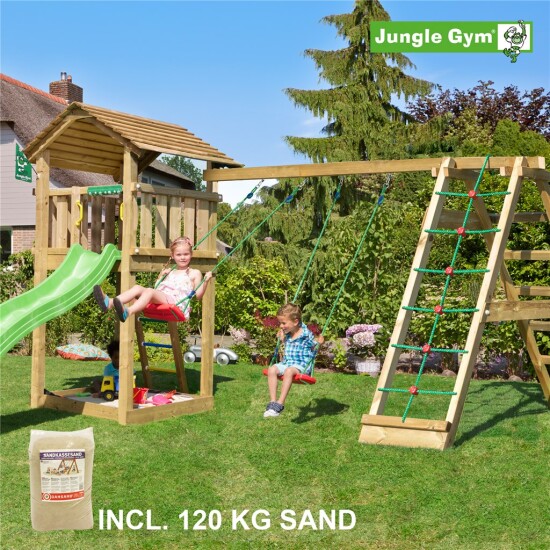 Legetårn komplet Jungle Gym Cottage inkl. Climb module x'tra, 120 kg sand og grøn rutschebane