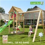Legetårn komplet Jungle Gym Cabin inkl. Swing module x'tra, 120 kg sand og grøn rutschebane
