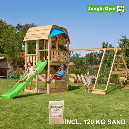 Legetårn komplet Jungle Gym Barn inkl. Climb module x'tra, 120 kg sand og grøn rutschebane