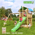 Legetårn komplet Jungle Gym Fort inkl. Swing module x'tra, 120 kg sand og grøn rutschebane