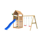 Legetårn komplet Jungle Gym Cabin 2.1 inkl. Swing Module, 120 kg sand og blå rutsjebane