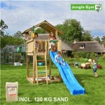 Legetårn komplet Jungle Gym Chalet inkl. 120 kg sand og blå rutschebane