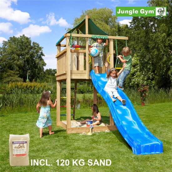 Legetårn komplet Jungle Gym Lodge inkl. 120 kg sand og blå rutschebane