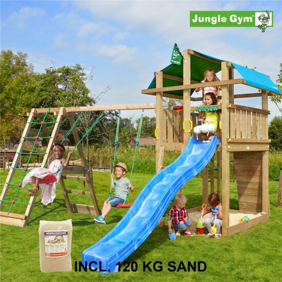 Legetårn komplet Jungle Gym Fort inkl. Climb module x'tra, 120 kg sand og blå rutschebane