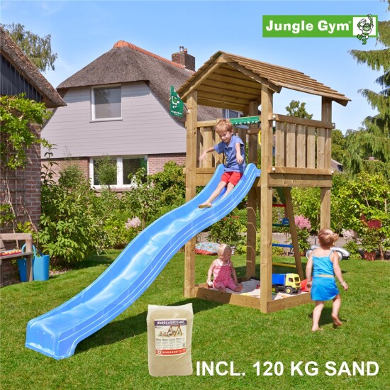 Legetårn komplet Jungle Gym Cottage inkl. 120 kg sand og blå rutschebane
