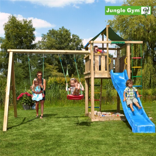 Legetårn komplet Jungle Gym Lodge inkl. Swing module x'tra og rutschebane