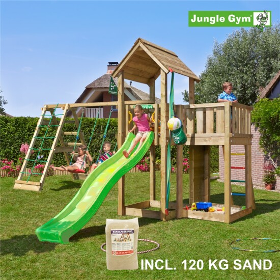 Legetårn komplet Jungle Gym Mansion inkl. Climb module x'tra, 120 kg sand og grøn rutschebane