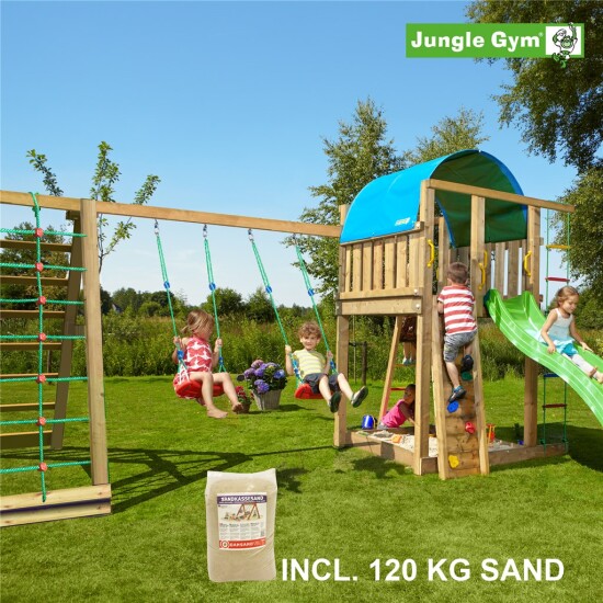 Legetårn komplet Jungle Gym Villa inkl. Climb module x'tra, 120 kg sand og grøn rutschebane