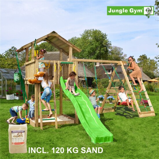 Legetårn komplet Jungle Gym Chalet inkl. Climb module x'tra, 120 kg sand og grøn rutschebane