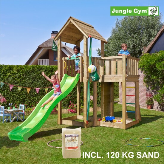 Legetårn komplet Jungle Gym Mansion inkl. 120 kg sand og grøn rutschebane