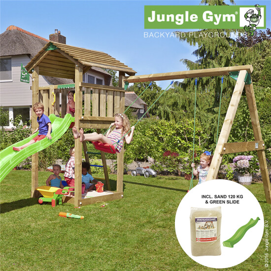 Legetårn komplet Jungle Gym Cottage inkl. Swing module x'tra, 120 kg sand og grøn rutschebane