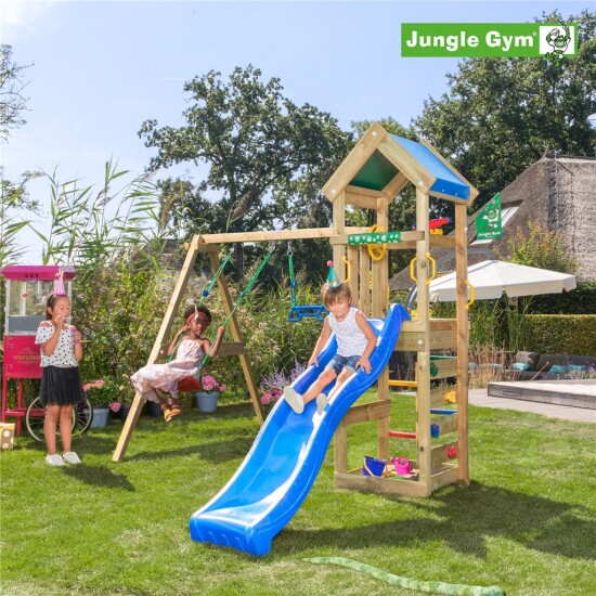 Legetårn komplet Jungle Gym Patio med gyngestativ, 2 gynger og blå rutsjebane
