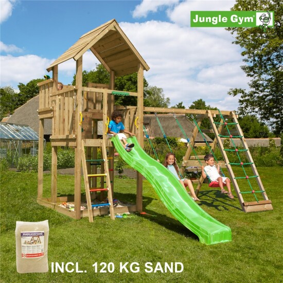 Legetårn Jungle Gym Palace m/2-Climb Module 220, grøn rutschebane og 120 kg sand