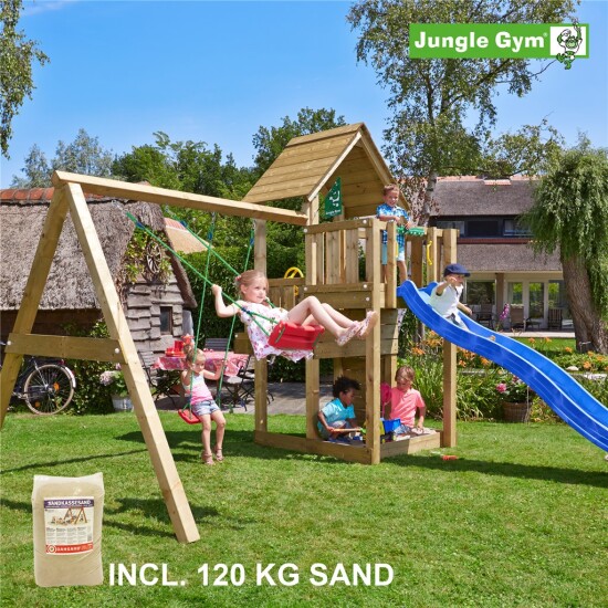 Legetårn Jungle Gym Cubby m/2-Swing Module 220, blå rutschebane og 120 kg sand