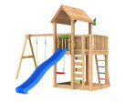 Legetårn komplet Jungle Gym Mansion 2.1 inkl. Swing Module, 120 kg sand og blå rutsjebane