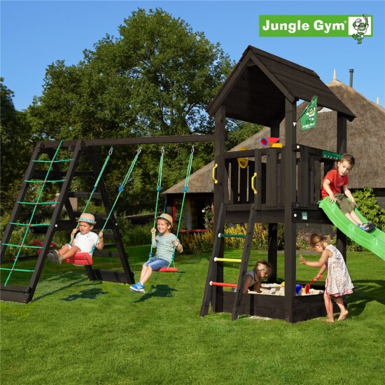 Legetårn komplet Jungle Gym Club inkl. Climb module x'tra og rutschebane, grundmalet sort