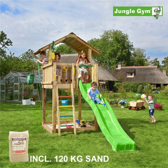 Legetårn komplet Jungle Gym Chalet inkl. 120 kg sand og grøn rutschebane