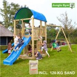 Legetårn komplet Jungle Gym Farm inkl. Swing module x'tra, 120 kg sand og blå rutschebane
