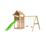 Legetårn komplet Jungle Gym Cabin 2.1 inkl. Climb Module, 120 kg sand og grøn rutsjebane