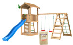 Legetårn komplet Jungle Gym Cottage 2.1 inkl. Climb modul 120 kg sand og blå rutschebane