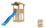 Legetårn komplet Jungle Gym Cottage 2.1 inkl. 120 kg sand og blå rutschebane