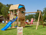 Legetårn komplet Jungle Gym Barn inkl. Swing module x'tra, 120 kg sand og blå rutschebane