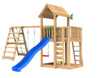 Legetårn Jungle Gym Mansion 2.1 m/2-Climb Module 220, blå rutsjebane og 120 kg sand