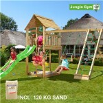 Legetårn komplet Jungle Gym Cabin inkl. Climb module x'tra, 120 kg sand og grøn rutschebane