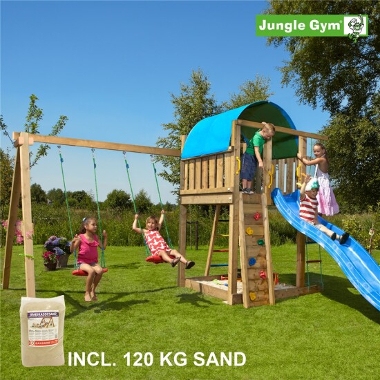 Legetårn komplet Jungle Gym Villa inkl. Swing module x'tra, 120 kg sand og blå rutschebane