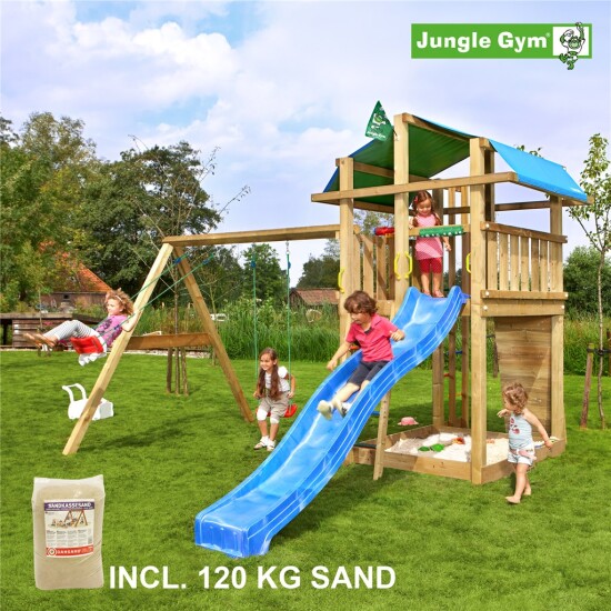 Legetårn komplet Jungle Gym Fort inkl. Swing module x'tra, 120 kg sand og blå rutschebane