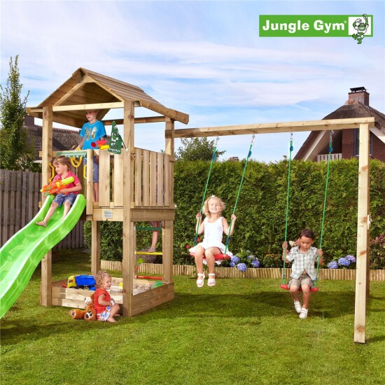 Legetårn Jungle Gym House m/2-Swing Module 220 og grøn rutschebane