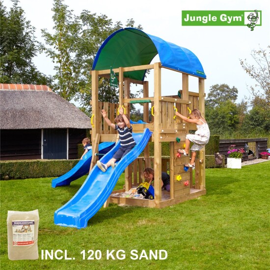 Legetårn komplet Jungle Gym Farm inkl. 120 kg sand og blå rutschebane