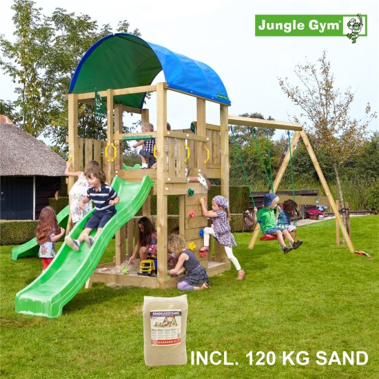 Legetårn komplet Jungle Gym Farm inkl. Swing module x'tra, 120 kg sand og grøn rutschebane