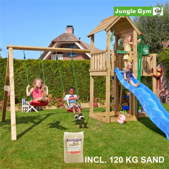 Legetårn komplet Jungle Gym Mansion inkl. Swing module x'tra, 120 kg sand og blå rutschebane
