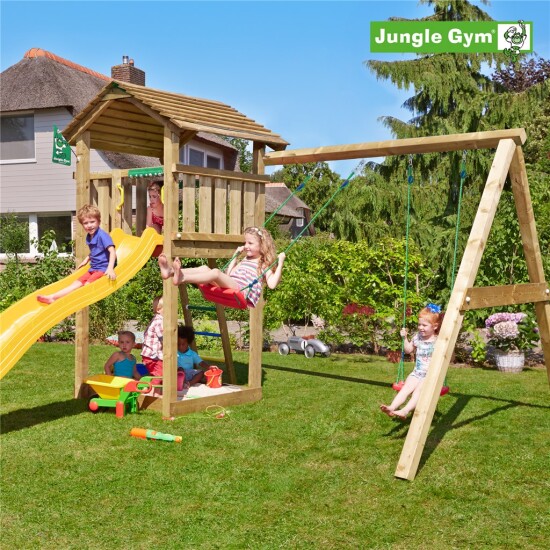 Legetårn komplet Jungle Gym Cottage inkl. Swing module x'tra ekskl. rutschebane