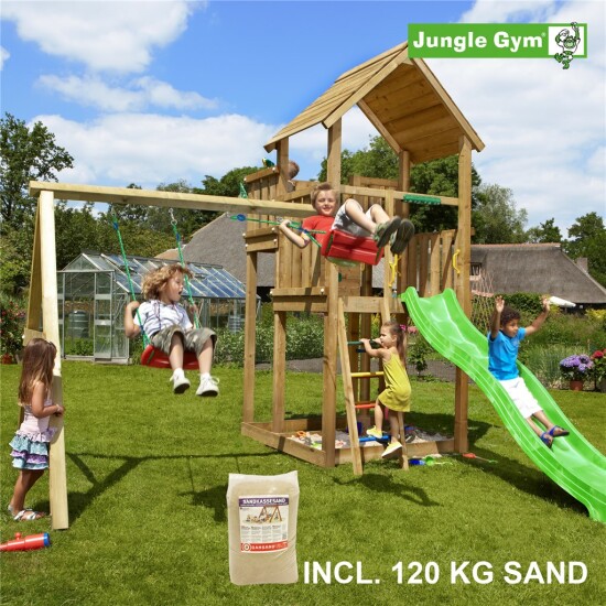 Legetårn Jungle Gym Palace m/2-Swing Module 220, grøn rutschebane og 120 kg sand