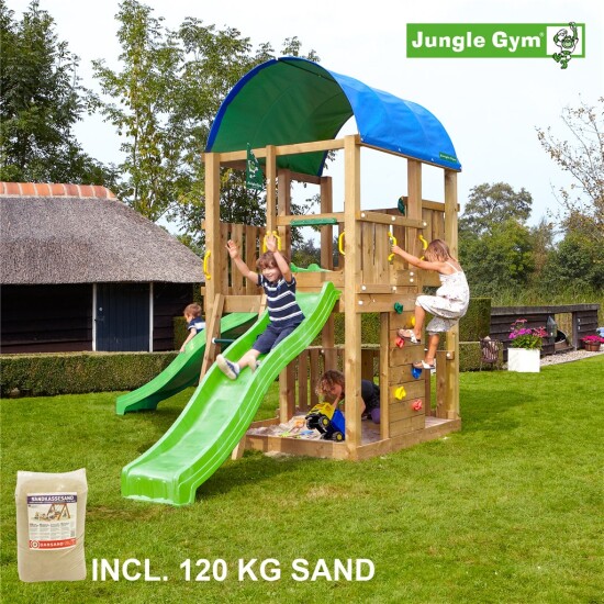 Legetårn komplet Jungle Gym Farm inkl. 120 kg sand og grøn rutschebane