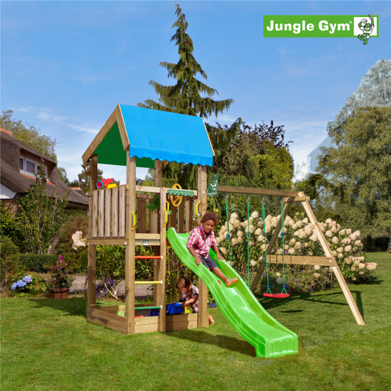 Legetårn Jungle Gym Home m/2-Swing Module 220 og grøn rutschebane
