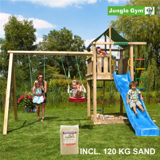 Legetårn komplet Jungle Gym Lodge inkl. Swing module x'tra, 120 kg sand og blå rutschebane