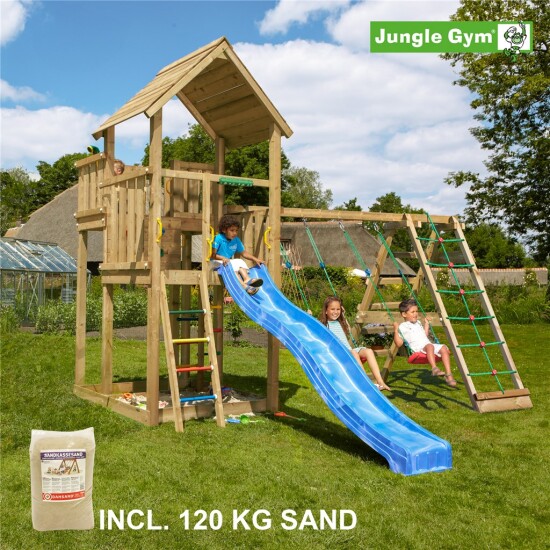 Legetårn Jungle Gym Palace m/2-Climb Module 220, blå rutschebane og 120 kg sand