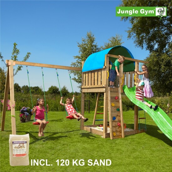 Legetårn komplet Jungle Gym Villa inkl. Swing module x'tra, 120 kg sand og grøn rutschebane