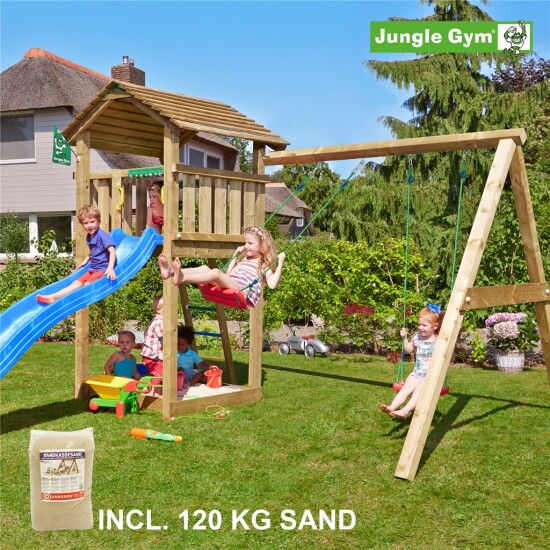 Legetårn komplet Jungle Gym Cottage inkl. Swing module x'tra, 120 kg sand og blå rutschebane