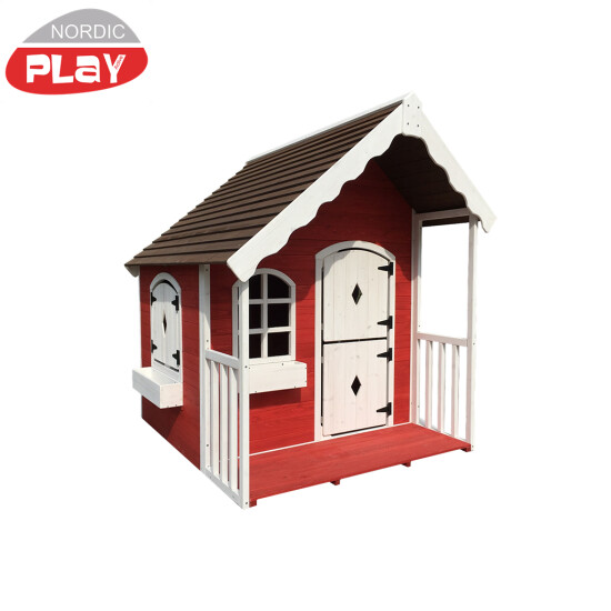 Legehus med veranda rød/hvid malet 130 x 140 x 150 cm NORDIC PLAY
