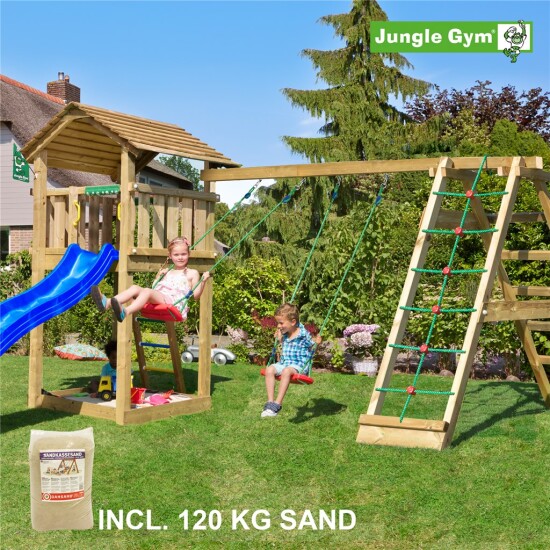 Legetårn komplet Jungle Gym Cottage inkl. Climb module x'tra, 120 kg sand og blå rutschebane