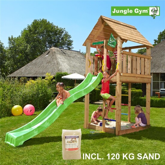 Legetårn komplet Jungle Gym Cabin inkl. 120 kg sand og grøn rutschebane
