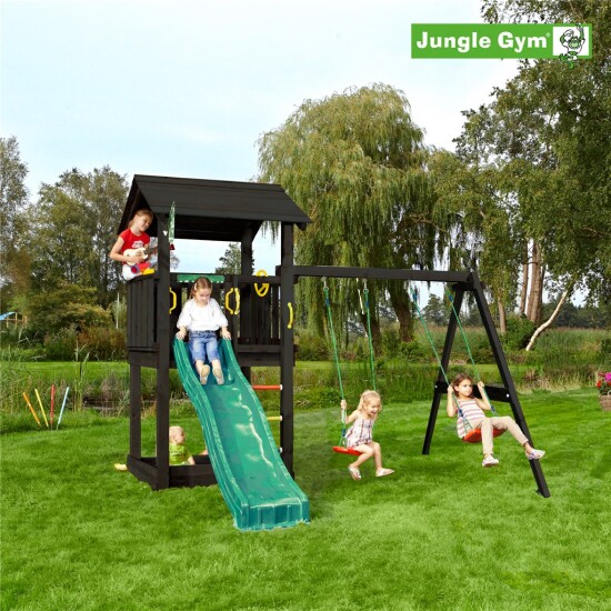 Legetårn Jungle Gym Casa 2.1, grundmalet sort, m/2-Swing Module 220 og mørkegrøn rutschebane